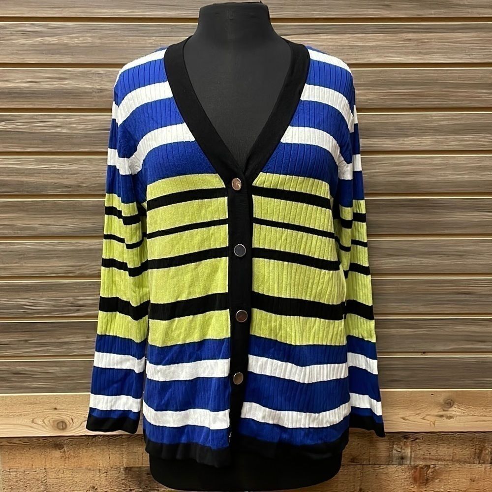NWT Jones New York Women's Rib Long Blue Yellow White Cardigan Sweater